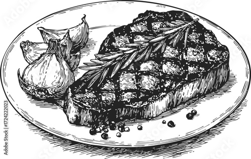 Grilled steak sketch, hand drawn with garlic and rosemary on plate — stock vector
