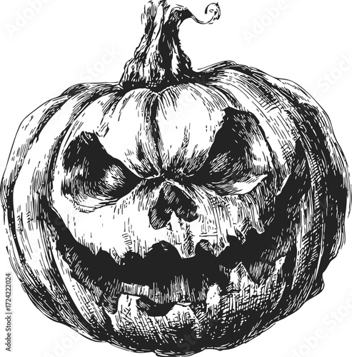 Pumpkin jack o lantern sketch, hand drawn Halloween carved face — stock vector