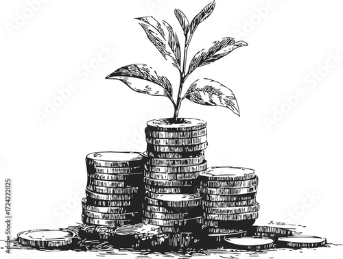 Money plant sketch hand drawn style with coins growth concept — stock vector