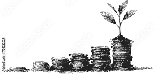 Coins stacked in ascending order with plant growing, sketch hand drawn style — stock vector