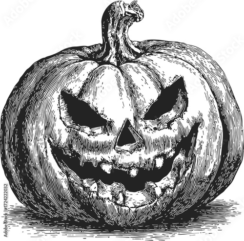 Jack o lantern sketch hand drawn style with sinister carved face — stock vector