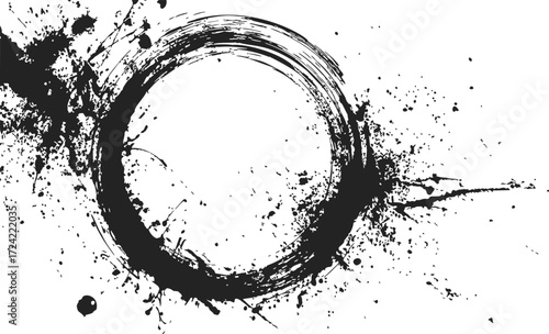 Enso circle sketch, hand drawn ink brushstroke with splatter effect — stock vector