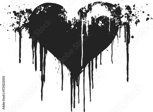 Black dripping heart sketch, hand drawn grunge splatter paint effect — stock vector