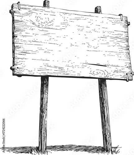 Wooden signboard sketch hand drawn rustic blank plank on posts — stock vector