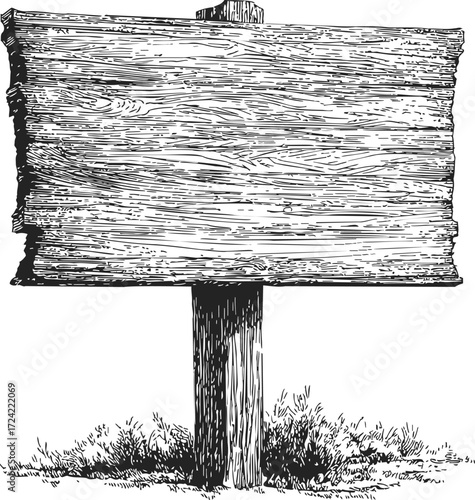 Wooden sign sketch, hand drawn rustic blank board on post with grass — stock vector