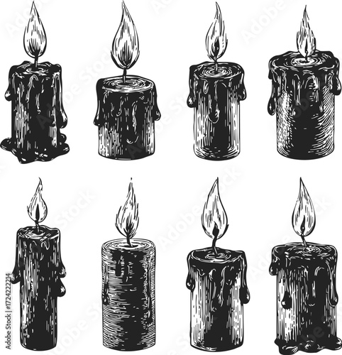 Burning candle sketch hand drawn set with melting wax and flame — stock vector
