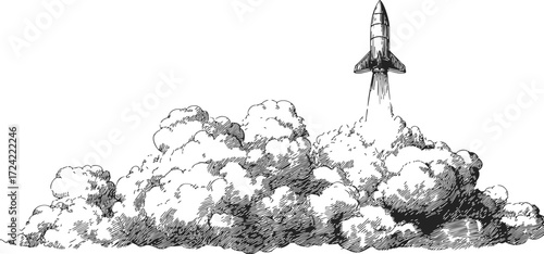 Rocket sketch hand drawn launching with smoke clouds — stock vector