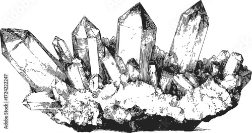 Quartz crystal cluster sketch, hand drawn mineral formation with detailed facets and rough base — stock vector