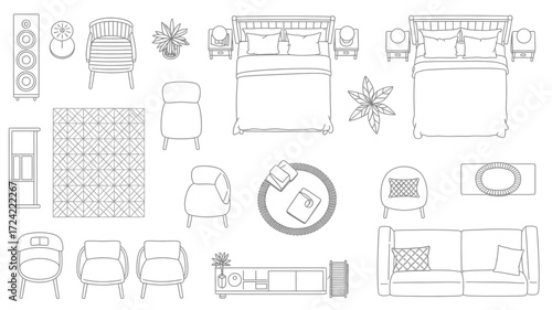 Collection of detailed architectural line drawings of bedroom furniture and decor elements in a clean silhouette style