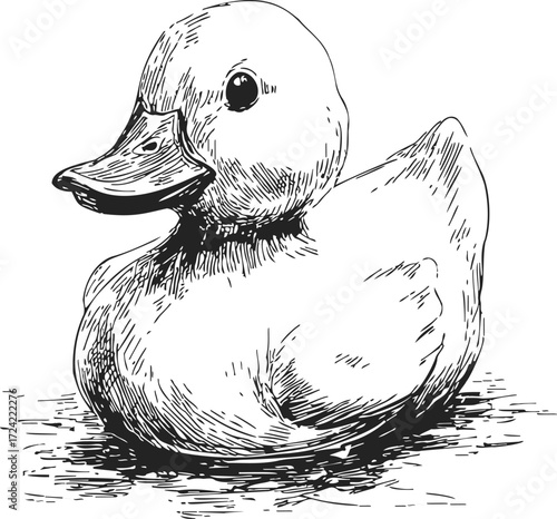 Rubber duck sketch hand drawn style sitting on water surface — stock vector