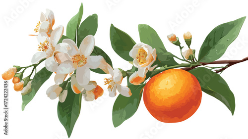Vibrant Fresh Orange Blossom Branch with Whole Orange on White Background