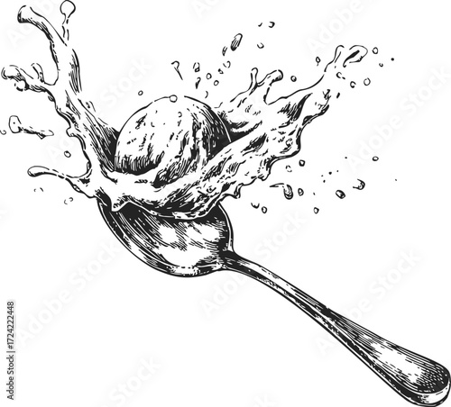 Spoon with ice cream splash sketch, hand drawn dessert in motion — stock vector