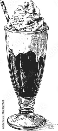 Milkshake sketch hand drawn with whipped cream in tall glass — stock vector