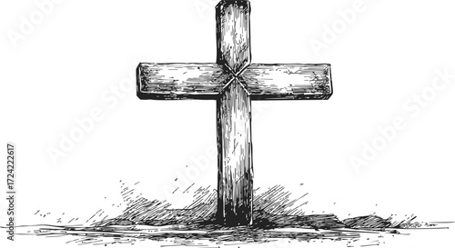 Wooden cross sketch hand drawn rustic style with ground shadow — stock vector
