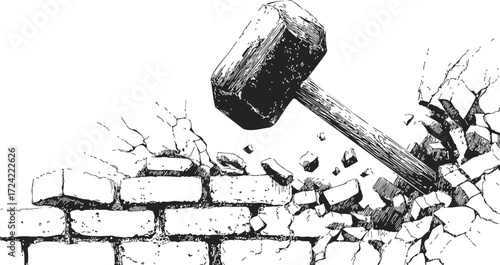 Sledgehammer sketch breaking brick wall, hand drawn demolition scene — stock vector