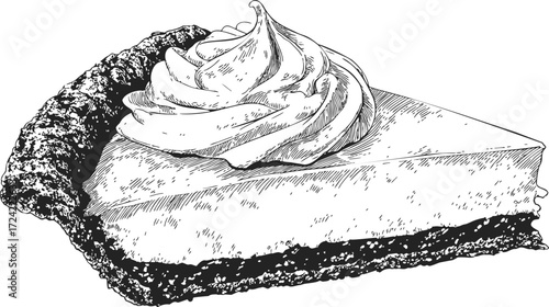 Pie slice sketch with whipped cream topping, hand drawn dessert illustration — stock vector