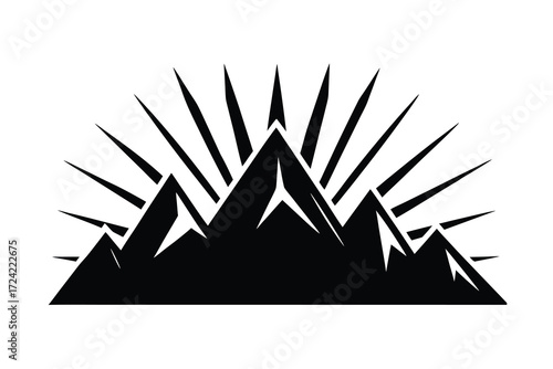 Stylized black mountain peaks with radiant sunburst