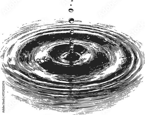 Water droplet sketch hand drawn with concentric ripple rings on white background — stock vector