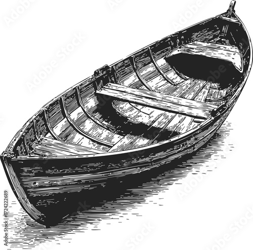 Rowboat sketch hand drawn wooden boat with benches and planks — stock vector