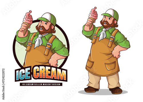 Cartoon Ice Cream Man Mascot Icon – Vendor and Sweet Food Character Illustration