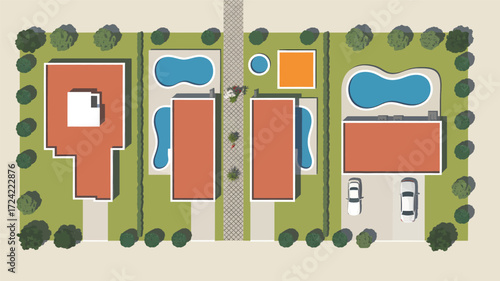 Aerial view of a residential complex with buildings swimming pools and trees in a stylized silhouette illustration