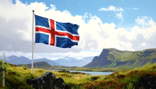 Icelandic flag waving over a scenic landscape