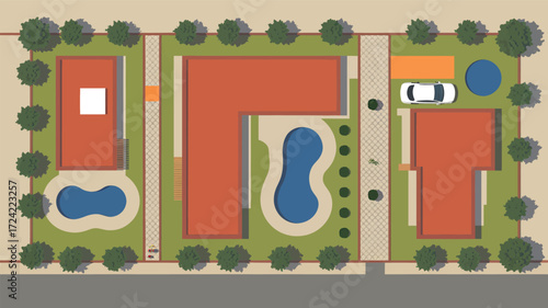 Aerial view of a suburban neighborhood with houses swimming pools and trees in a stylized silhouette illustration silhouette
