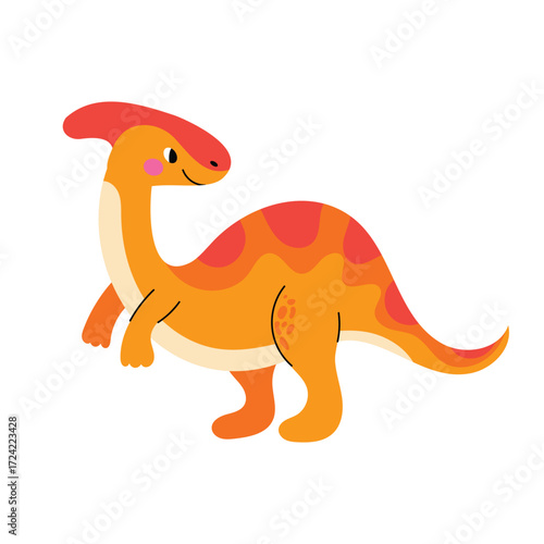 Cute Parasaurolophus dinosaur. Funny prehistoric animal character. Vector illustration isolated on white background.