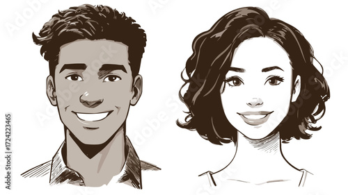 Smiling Multiracial Man Woman Portrait Vector Illustration