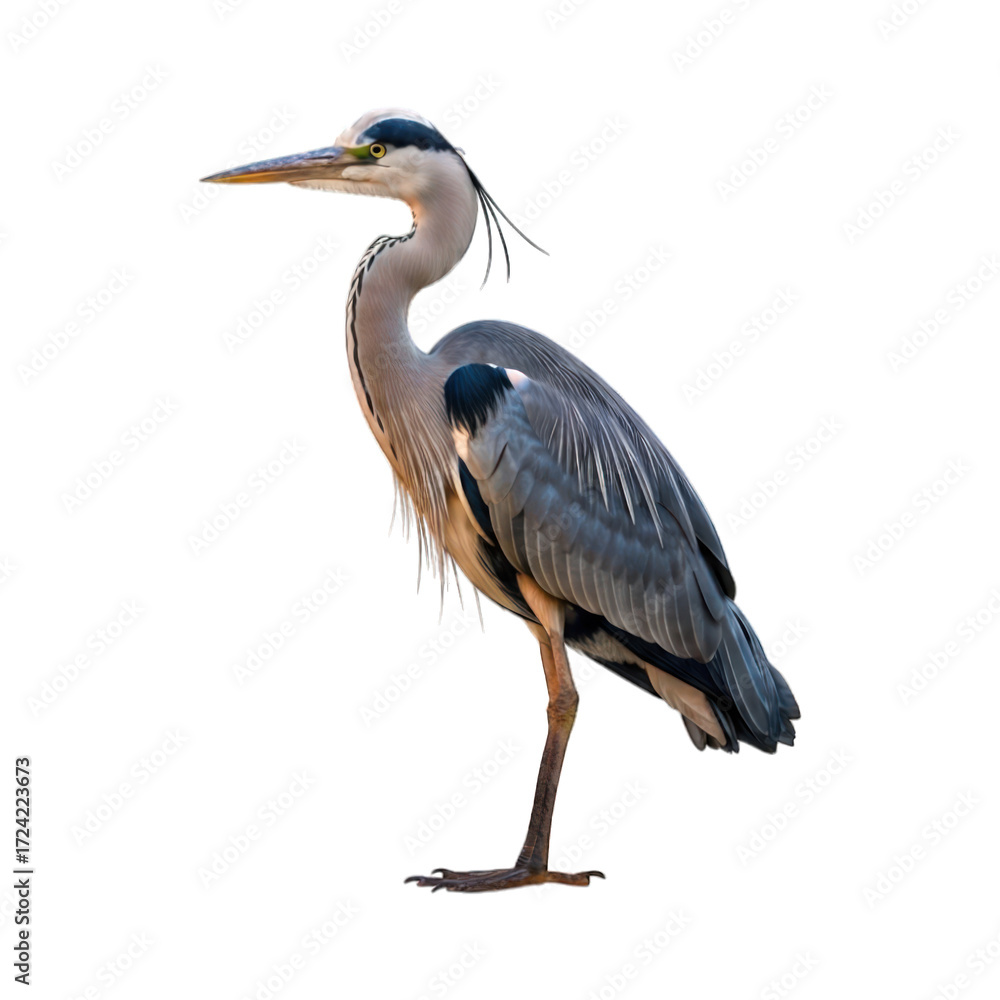 Fototapeta premium Standing grey heron, detailed feathers, beak, head, against black background