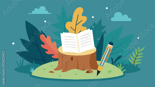 A handwritten journal is sprawled open on a tree stump allowing its owner to jot down ideas while surrounded by the natural beauty of the forest.. Vector illustration