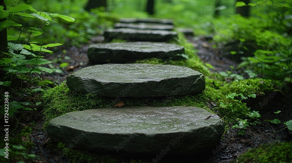 Naklejka premium Stone steps winding upwards through lush green moss in a forest setting