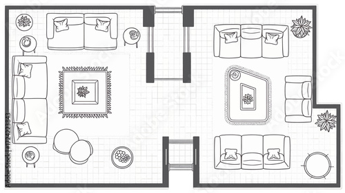 A detailed architectural floor plan drawing of a modern apartment layout with furniture and room divisions in a clear black and white silhouette