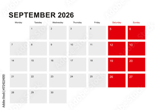 2026 September planner calendar design. Week starts from Monday.