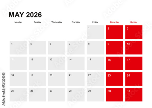2026 May planner calendar design. Week starts from Monday.