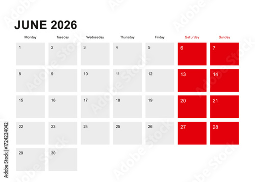 2026 June planner calendar design. Week starts from Monday.