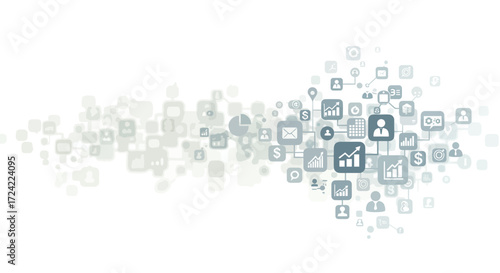 Abstract digital network with icons for communication and data analysis