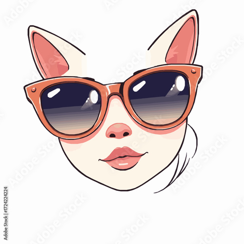 Cat face wearing stylish orange framed sunglasses with dark gradient lenses Keywords: cat, animal, feline, sunglasses, eyewear, fashion, accessory, orange, stylish, cool, chic