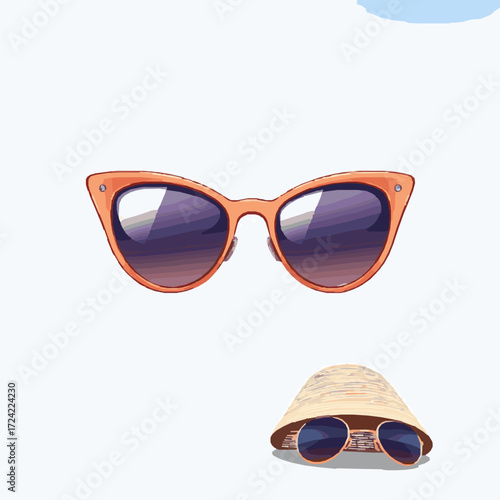 Orange Cat Eye Sunglasses and Straw Hat with Sunglasses on White Background fashion accessory
