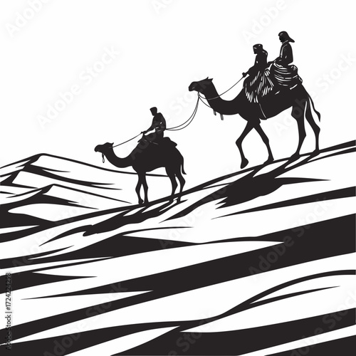 man riding a horse in the desert  black and white vector