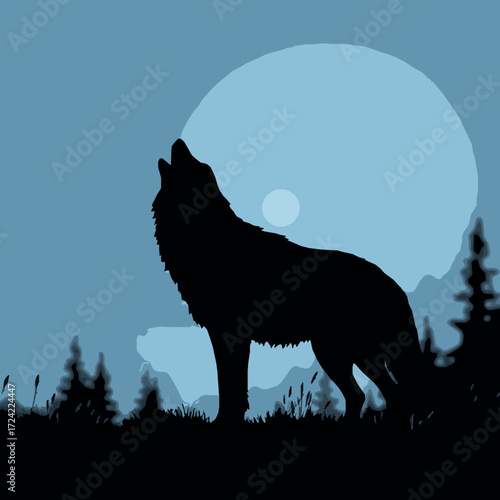 Silhouette of a wolf howling at a large full moon in a stylized landscape vector illustration