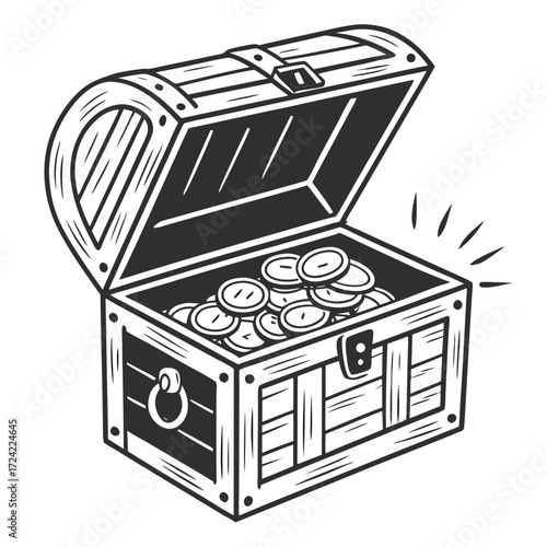 chest with coins black and white vector