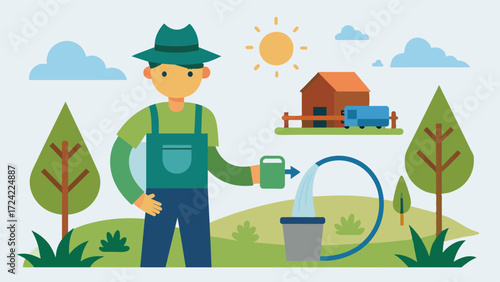 A farmer using a closedloop system to recycle water for irrigation reducing the need for excess water usage.. Vector illustration