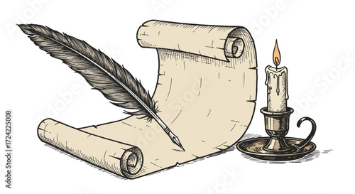 Vintage scroll with feather quill and candle in antique ink sketch style