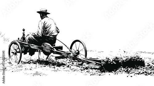 Man Ploughing Field Sitting Traditional Agricultural Equipment