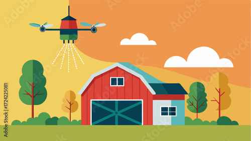 A drone taking off from a barn equipped with a retractable hose to irrigate unreachable areas of a farm and providing efficient solutions for hardtoreach crops.. Vector illustration