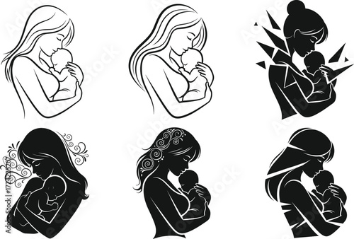 Mother holding baby, emotional bond, black and white art, maternal love, stylized illustration, motherhood concept