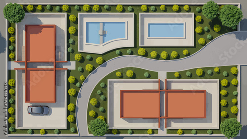 Aerial view of a modern residential complex with minimalist architecture and lush green landscaping silhouette