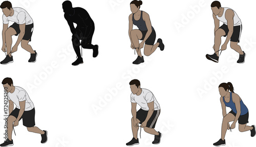 People tying shoelaces before workout, exercise preparation, fitness routine, athletic readiness, training, sports, health.