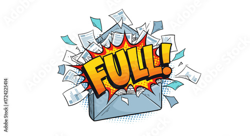 Comic style envelope overflowing with paper documents and explosive 'full' text